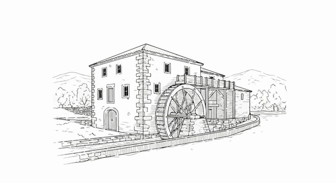 Hand-drawn sketch of an old watermill with a large wooden wheel beside a river