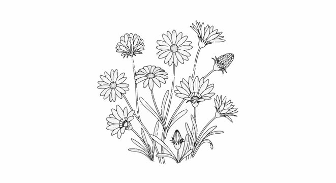 A black and white line drawing of a cluster of daisies with buds