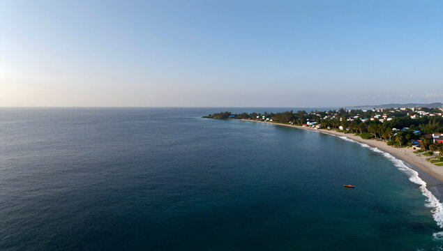 Ngawi Beach Serenity: An aerial view captures the tranquil Ngawi Beach, where gentle waves meet the sandy shore, fringed by verdant greenery and the azure expanse of the ocean.