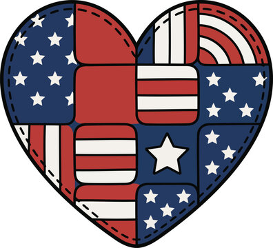 4th of July Patchwork Heart with American Flag Pattern Patriotic Independence Day Vector Illustration.