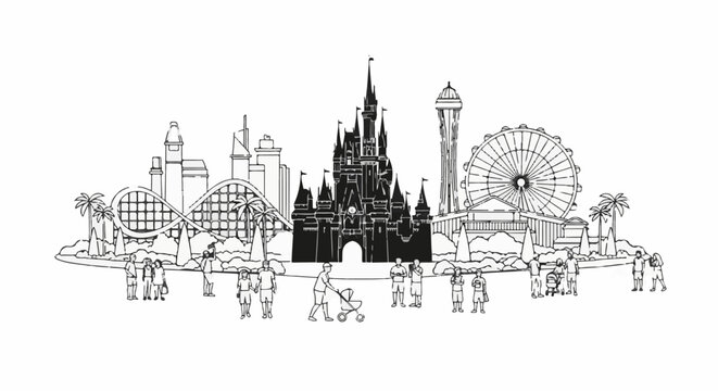 Amusement park skyline with castle, roller coaster, Ferris wheel, and people
