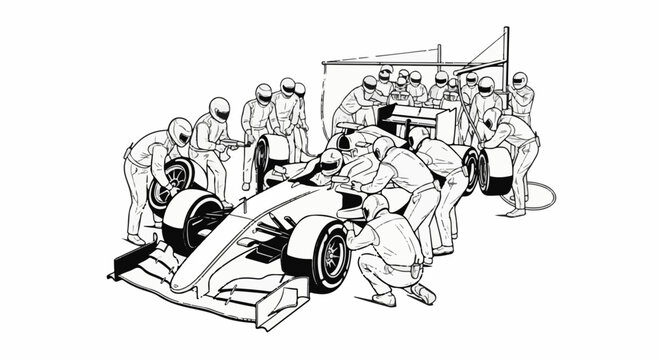 A pit crew rapidly changes tires on a race car during a competition