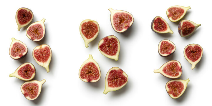 Fresh halved purple figs arranged in three groups on a clean white background, view