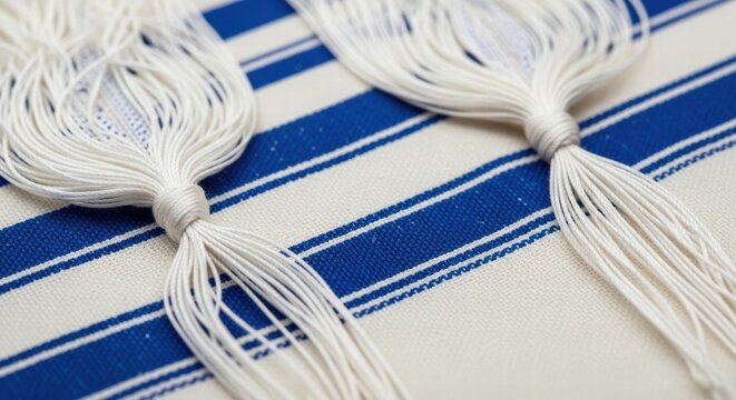 Close-up of white tzitzit fringes on a blue and white striped tallit prayer shawl