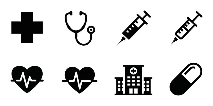 Medical healthcare icons set, essential vector graphics for health and wellness. Hospital, stethoscope, syringe, heart rate, and capsule symbols for modern medical design.