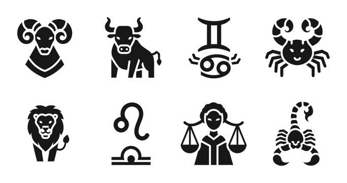 Zodiac signs vector icon set, astrological symbols collection, horoscope glyphs, celestial constellation illustrations for spiritual and mystical designs