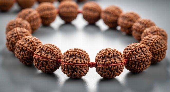 Close up of a rudraksha seed mala with red string on a grey background