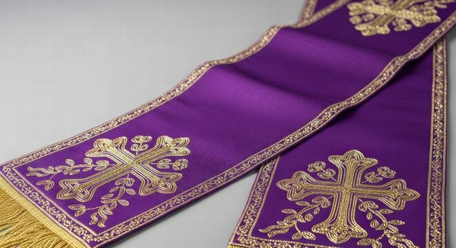 Close-up of ornate purple stole with gold embroidered crosses and fringe