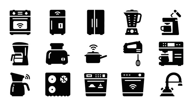 Smart home kitchen appliance vector icon set, modern black glyphs for connected cooking devices, digital household technology symbols, IoT electronics collection for web and app design
