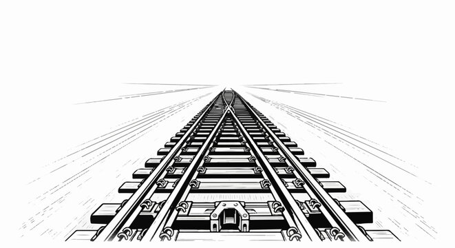 A black and white illustration of railway tracks converging in the distance