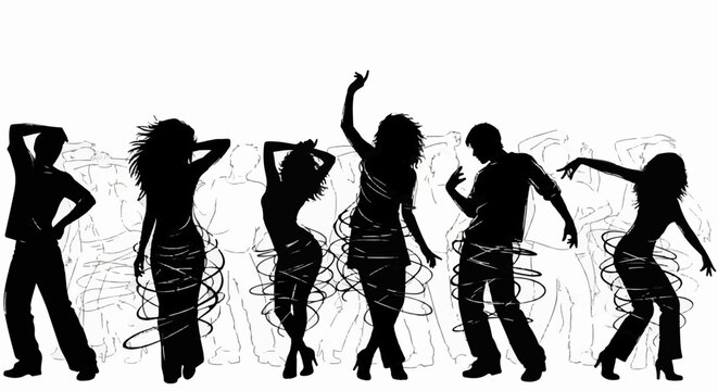 Black silhouettes of dancers in motion against a light background