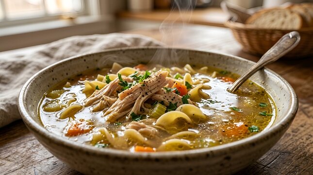 Hearty homemade chicken noodle soup with vegetables served in a rustic bowl warm and comforting meal for cold days