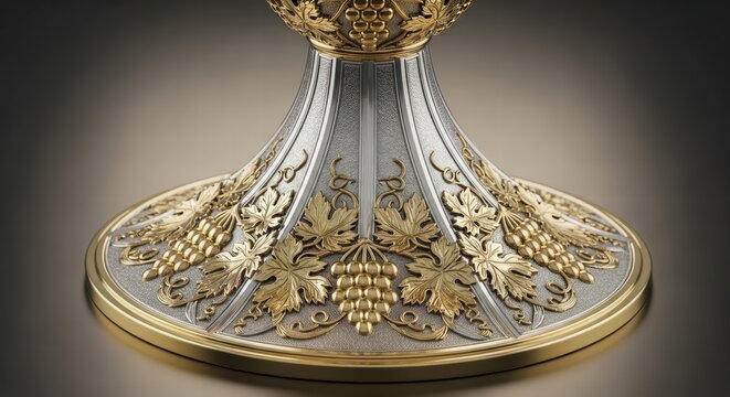 Intricate gold and silver chalice base with grapevine motif and ornate detailing