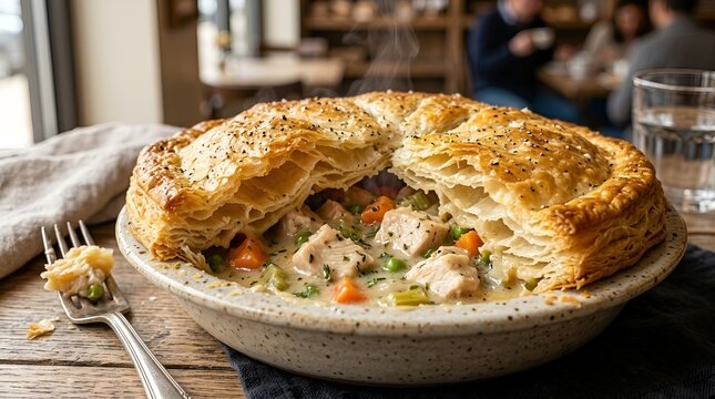 Hearty savory chicken pot pie with flaky golden crust served in a rustic bowl for comforting meals