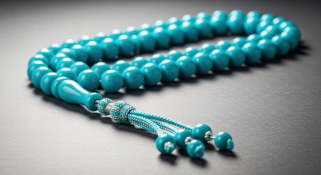 Close-up of vibrant turquoise prayer beads with intricate tassel detail