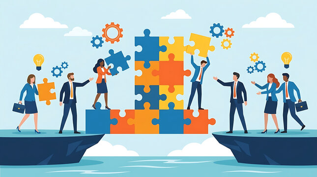 Professional corporate partners collaborate on strategic solution using jigsaw puzzle pieces symbolising teamwork building synergy and successful connection for business innovation growth