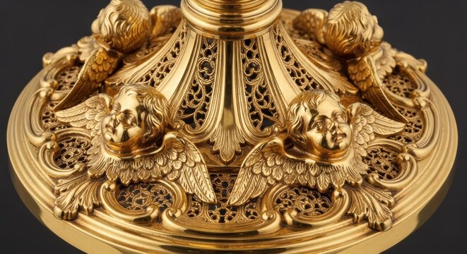 Intricate golden cherubim adorn a religious artifact with ornate details