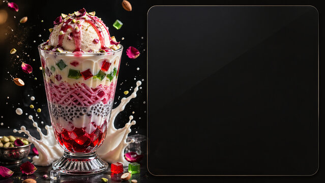 Luxurious layered falooda dessert in a tall glass with splashing milk, flying strawberries, and nuts, placed next to an elegant black and gold copy space plaque.