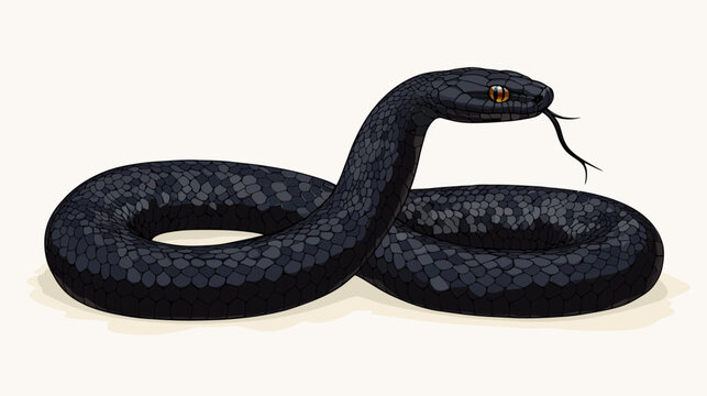 A detailed illustration of a coiled black snake, featuring scaled skin, a forked tongue, and focused eyes