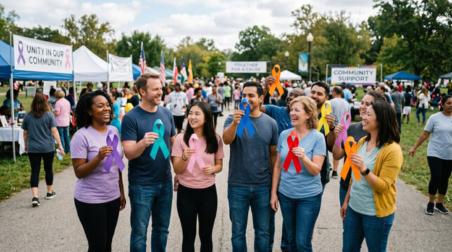 People hold awareness ribbons on World Brain Tumor Day at community event
