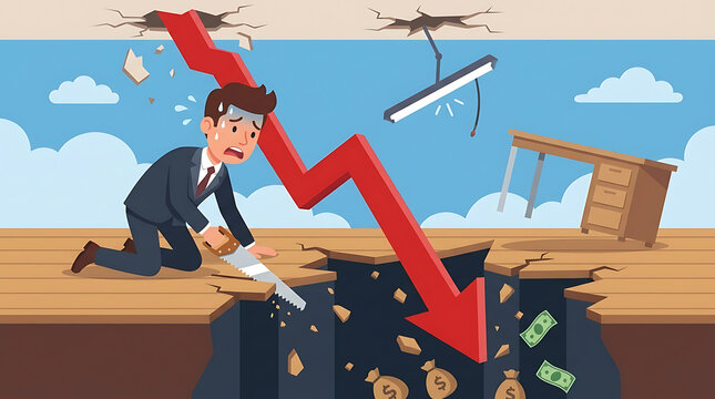 Frustrated Businessman Cutting the Floor with a Handsaw Illustrating a Professional Mistake, Financial Sabotage, Wrong Strategic Decision, and Foolish Self-Destruction in a Corporate Office.