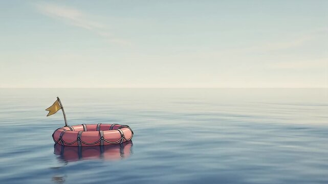 Life buoy with yellow flag drifting on calm ocean waters under light blue sky