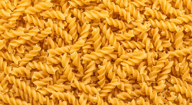 Abundant golden spiral fusilli pasta arranged as a textured backdrop, capturing the raw beauty of dry uncooked Italian food ingredient, perfect for cooking