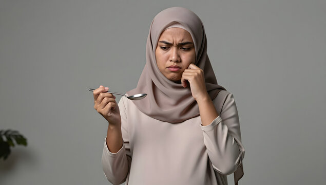 Disgusted Taste Test: A woman is holding a spoon in hand with a look of extreme distaste. She wrinkled her nose and made a look that is distasteful.