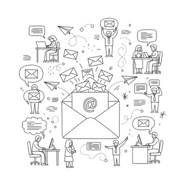 Digital communication and electronic mail exchange concept with business people working and sending messages via computers and email icons and airplanes