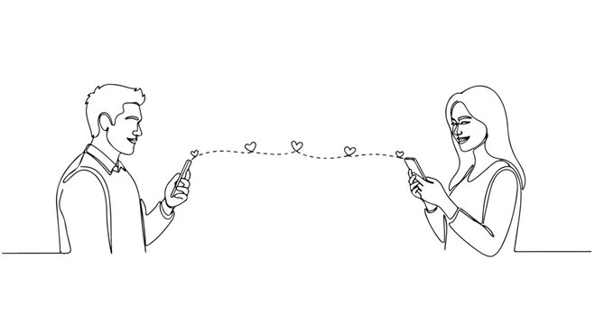 Continuous line drawing of couple using smartphones, romantic long distance relationship concept, man and woman sending heart messages via mobile phones