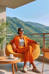 Obraz premium Stylish woman in orange suit relaxing on a balcony with mountain view and sunny mood