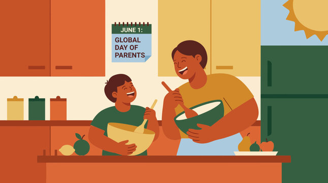 Mother and Son Cooking Together for Global Day of Parents Illustration