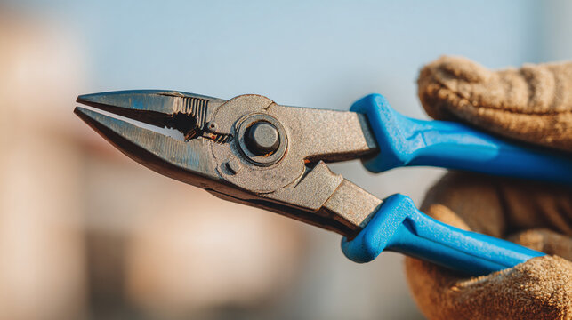 Close-up of an electrician's hand holding blue pliers focused on details during electrical work in natural daylight