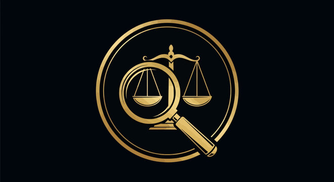 Magnifying glass over scales of justice symbol.