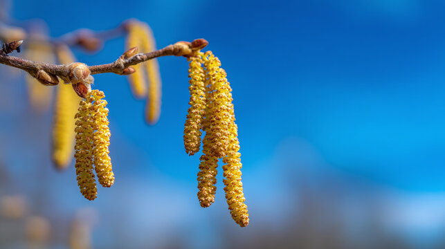 Fresh catkins on alder branch shine against blue sky on a sunny spring day with soft light and clear space for text 