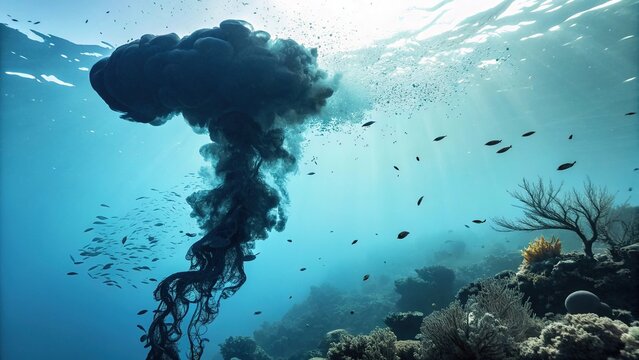 Ink cloud spreads underwater creating a striking contrast against the vibrant sea life