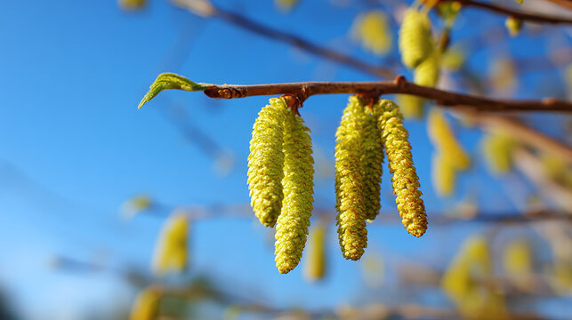 Fresh catkins on alder branch shine against blue sky on a sunny spring day with soft light and clear space for text 