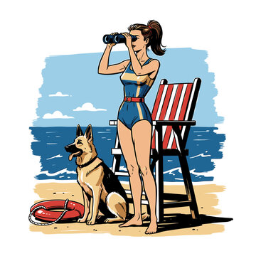 Female lifeguard looking through binoculars with German Shepherd dog on beach, retro comic book style vector illustration for summer safety