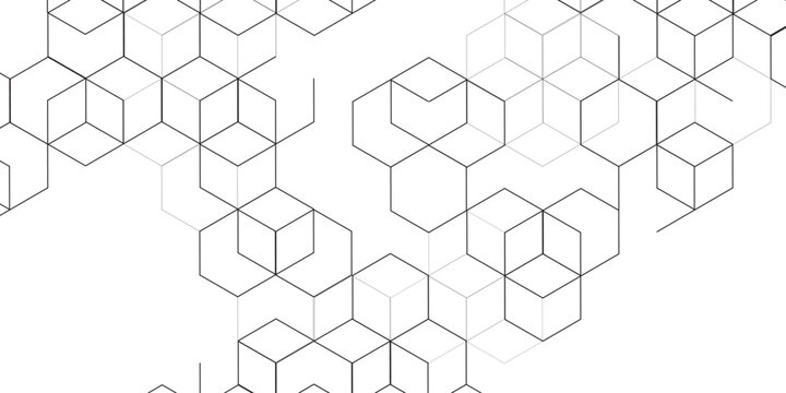 Modern simple style seamless pattern with hexagonal graphic design. Geometric art deco texture stoke black background. abstract molecular structures in technology, wallpaper background, vector.	