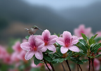 Obraz premium Hummingbird perched on pink azalea flowers with water droplets, green leaves, and blurred mountain background