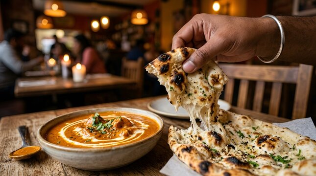 Close-up of traditional naan bread being torn with a bowl of creamy curry in a cozy restaurant setting