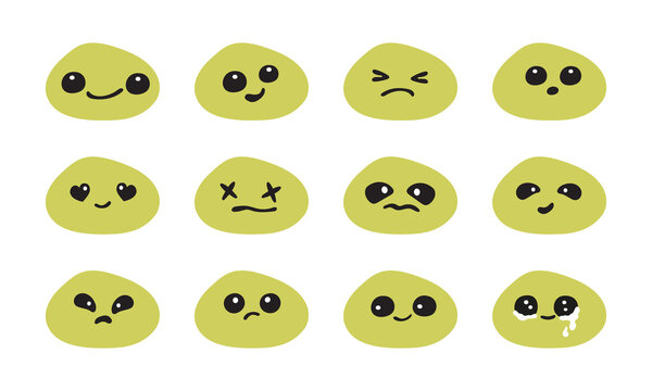 Cute faces elements. Adorable  blob shape form stickers in simple minimalistic style. Flat vector illustration set. Green emoji collection.