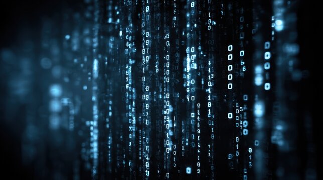 Digital Rain: A captivating visual representation of the digital world, with streams of binary code cascading downwards. Each symbol, a vital element in the flow of information