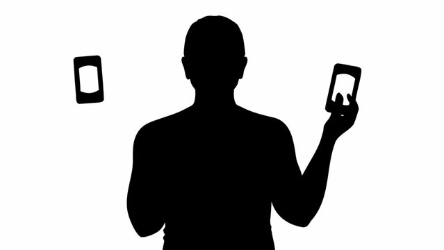 Person comparing products on multiple smartphones in black silhouette vector