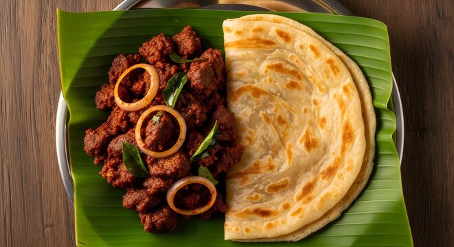 Kerala style fish curry and parotta on a banana leaf