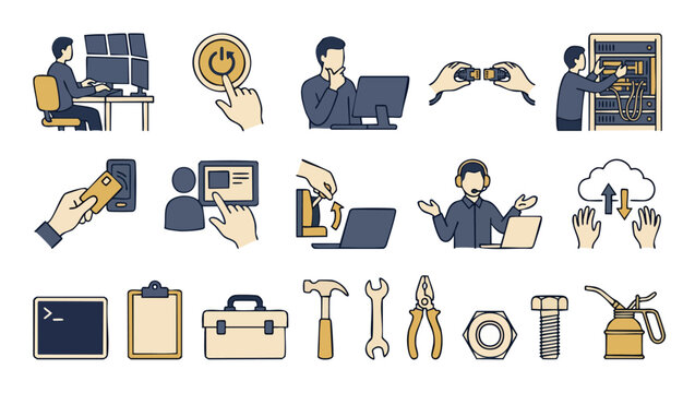 IT Support and Network Maintenance Icons Set, Technical Engineering and Computer Repair Symbols, Web Development Workflow, Cybersecurity Management, Software Infrastructure Vector Illustration Collect
