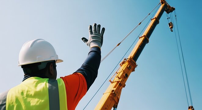 Worker signals near yellow crane boom hard hat safety vest