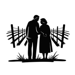 Obraz premium Senior couple walking together in a field. Black and white silhouette vector illustration. Isolated on transparent background