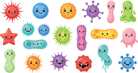 Obraz premium Kawaii Microbe and Germ Character Set with Cute Faces and Bright Colors, Ideal for Health, Education, and Fun Designs