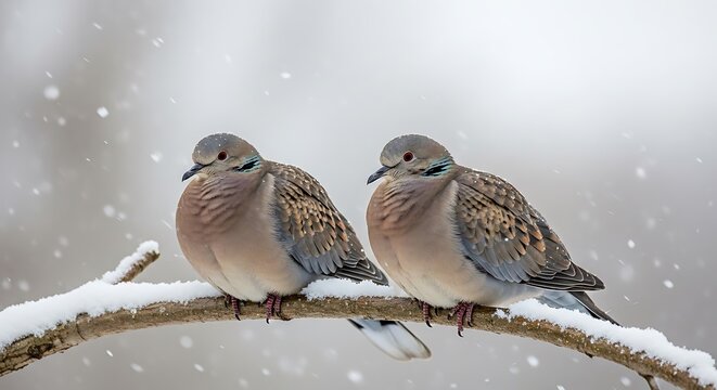 Two mourning doves perched on a snow-covered branch during a gentle snowfall, soft bokeh background. 2 turtle doves